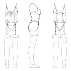 Set with contours of sexy lingerie from black lines isolated on white background. Bra, panties, suspenders, tights. Front, side, back view. 3D. Vector illustration.