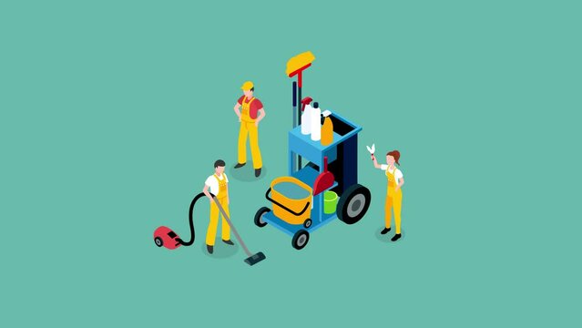 Group of maids standing with cleaning equipment