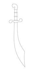 The contour of an ancient sword from black lines isolated on a white background. Pirate sword. Front view. Vector illustration.