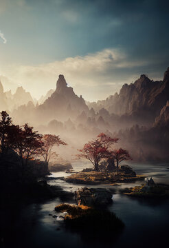 An AI generated image of a beautiful fantasy environment. A stunning portrait shot of mountains and wildlife.