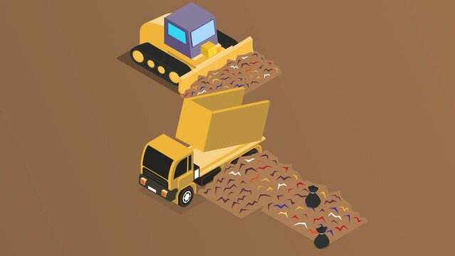 Truck and bulldozer manages the garbage dump
