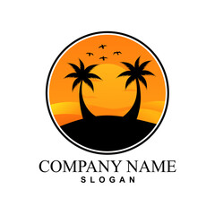 Island Logo Design with Coconut Trees and Sunset