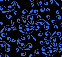 Abstract drawing of petals in blue on a black background.Seamless pattern.