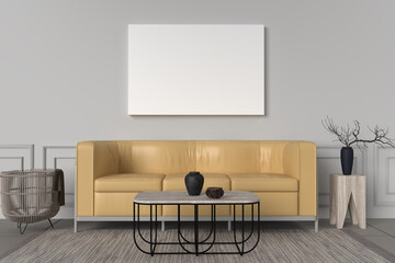 Front view landscape canvas wall art mockup in boho chic contemporary living room interior