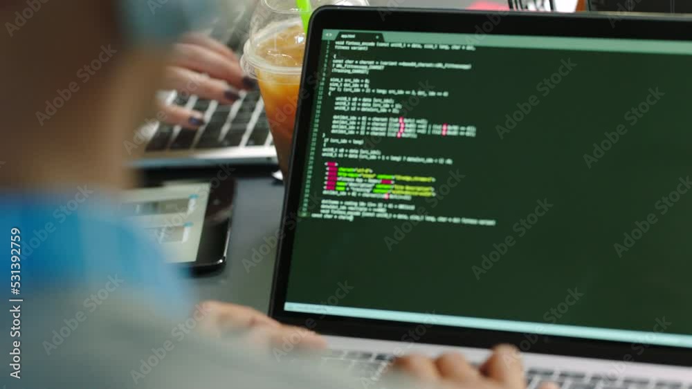 Poster Computer coding, working and work code research of a business man writing ux and ui writing. IT worker typing big data analytics, cloud computing and web information technology data on a laptop