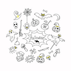 Halloween vector doodle icons. Festive badges and attributes. Halloween party. Hand draw.