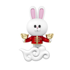 3d Rabbit Chinese Zodiac sign character with Chinese gold ingots standing on a cloud 3d rendering. 3d illustration greeting and celebration  for Richness concept. Chinese new year festival.
