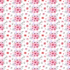 Watercolor seamless pattern with spring flowers, buds and twigs with leaves