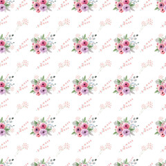 Watercolor seamless pattern with spring flowers, buds and twigs with leaves