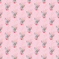 Watercolor seamless pattern with spring flowers, buds and twigs with leaves