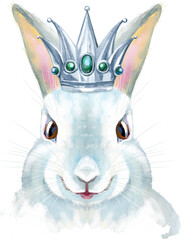 Watercolor illustration of a white rabbit with silver crown