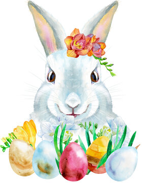 Watercolor illustration of a white rabbit with Easter eggs