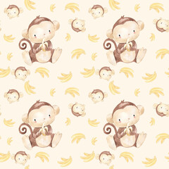 watercolor monkey seamless pattern illustration for kids