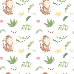 watercolor monkey seamless pattern illustration for kids