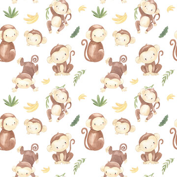 watercolor monkey seamless pattern illustration for kids