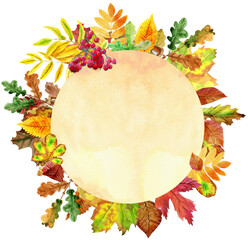 Naklejka na ściany i meble Beige round banner with colorful falling autumn leaves