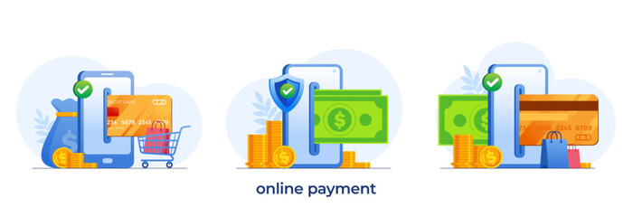 Online payment, credit card, mobile banking, e-wallet, e-commerce, transaction, purchase, flat illustration vector