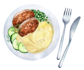 Cutlets with mashed potatoes, peas and cucumbers