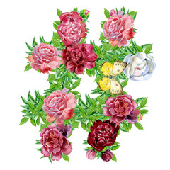 Hashtag sign of watercolor flowers for decoration