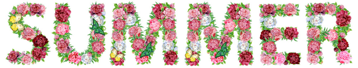 Word SUMMER of watercolor flowers