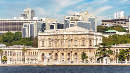 Fototapeta na wymiar Dolmabahce Palace, or Dolmabahce Sarayi, located in the Besiktas district of Istanbul, Turkey, on the European coast of the Bosporus strait, main administrative center of the Ottoman Empire formerly