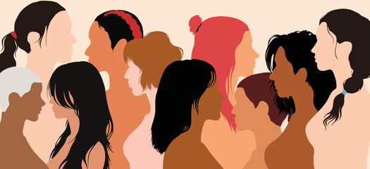 Friendship group of women and girls from different ethnicities and racial backgrounds who communicate and share information online and in the community. Female diversity and Head profile.