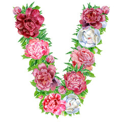 Letter V of watercolor flowers