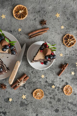 Baking a chocolate cake with berries on the table