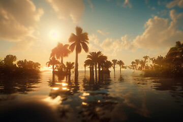 Palm trees during a flood on a small island due to global warming