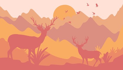 A beautiful landscape with reindeer. Landscape with a journey in the mountains. Beautiful view with mountains and deer.Stylish background,wallpaper,template with mountains and deer.