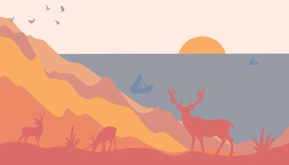 Naklejka na ściany i meble A beautiful landscape with reindeer. Landscape with a journey in the mountains. Beautiful view with mountains and deer.Stylish background,wallpaper,template with mountains and deer.