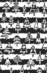 Abstract, hand drawn christmas trees with stripes seamless repeat pattern. Monochrome, positive negative fir tree all over surface print.