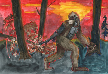 Bigfoot cyborg on  the background of a blazing sunset. Watercolor illustration.