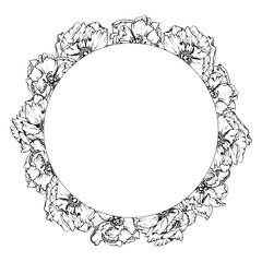 Hand drawn vector circle frame wreath arrangement with peony flowers, buds and leaves. Isolated on white background. Design for invitations, wedding or greeting cards, wallpaper, print, textile