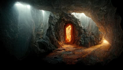 Selbstklebende Fototapeten nature exit from cave. Travel and landscape background illustration. Generative AI © Nika