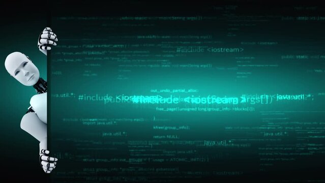 Futuristic robot artificial intelligence huminoid AI programming coding technology development and machine learning concept. Robotic bionic science research for future of human life. 3D rendering.