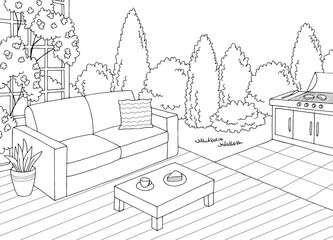 Backyard deck garden graphic black white sketch illustration vector 