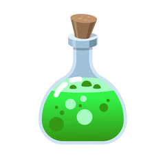 Magic bottle of glass. Alchemy life elixir in glass flask. Cork and green potion, cartoon vector. Witchcraft green potion of witch or poison