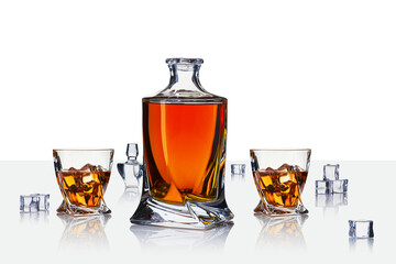 Decanter with cognac. Whiskey decanter on white background. Strong alcoholic drink in a decanter