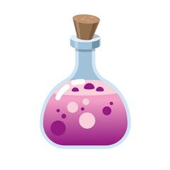 Magic glass bottle. Alchemy elixir in glass flask. Cork and purple potion, cartoon vector. Witchcraft pink potion of witch or poison