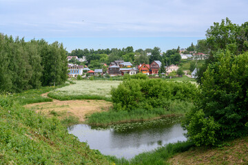 Fototapeta na wymiar View of the pond, blooming meadow, forest and cottages in summer in Suzdal, Russia