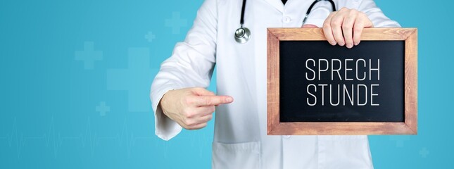 Sprechstunde (Arztpraxis). Arzt zeigt medizinischen Begriff auf einem Schild/einer Tafel