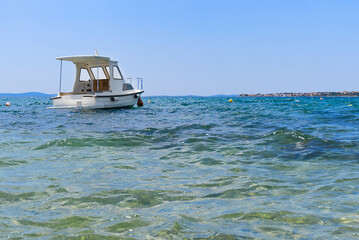 Catamaran sailing in ocean. paradise at sea. Blue sky and turquoise blue sea water. Mexican Caribbean beaches.