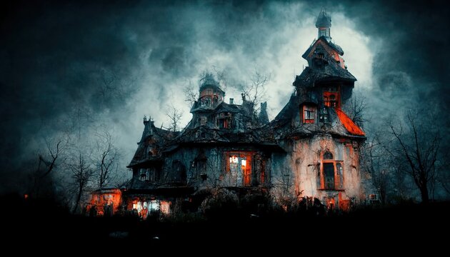 Scary House At Night. Halloween Design Background Wallpaper Illustration
