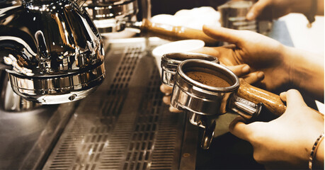 Fototapeta na wymiar Coffee banner, barista making coffee in the cafe for background, Espresso coffee