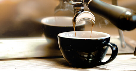 Coffee banner, barista making coffee in the cafe for background, Espresso coffee