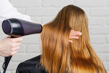 Fototapeta premium Beautiful young woman at the hairdresser blow drying her hair. Hair dryer in salon. hairstyle for a young girl