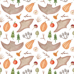Watercolor seamless pattern with halloween elements, pumpkin, mushrooms, bat, branch, apple on white background