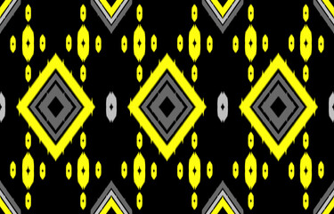 Abstract ethnic ikat geometric seamless pattern. Aztec native tribal fabric yellow pattern on black background. Vector design for texture, textile, clothing, wallpaper, carpet, art print, illustration