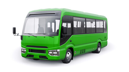 Small green bus for urban and suburban for travel. Car with empty body for design and advertising. 3d illustration - obrazy, fototapety, plakaty